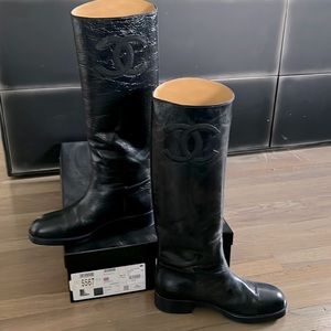 100% Authentic Chanel Black High Boots Calfskin Leather Size 37.5